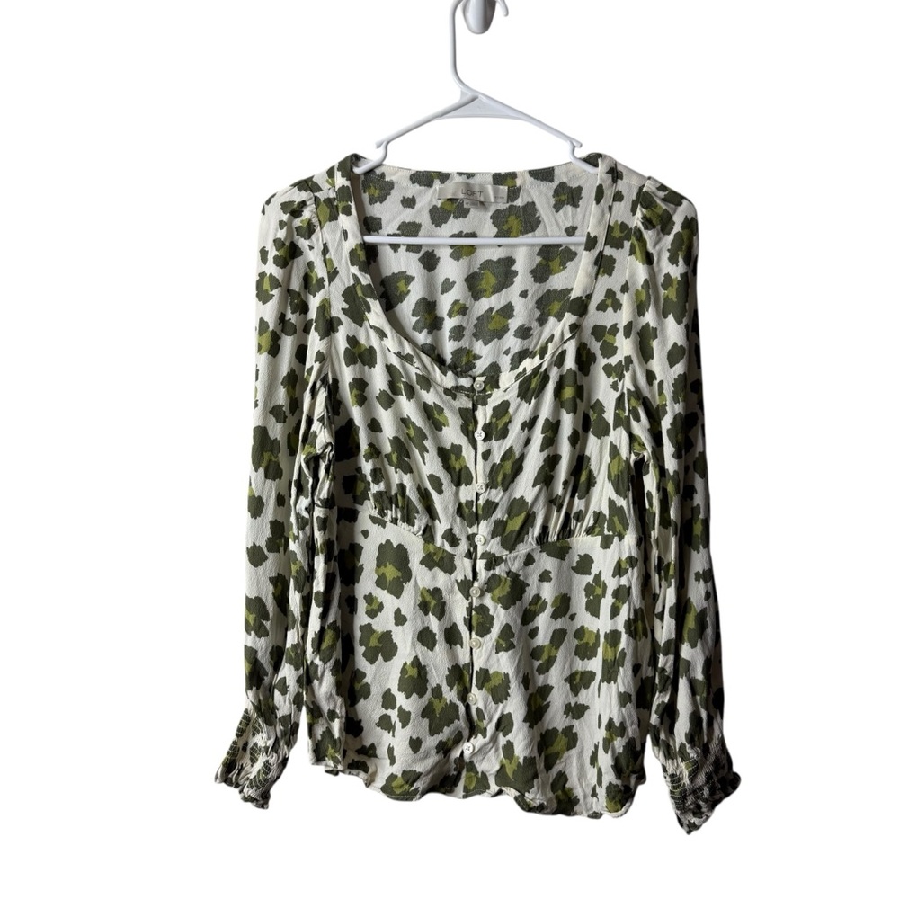 Loft Green White Cheetah Print Smocked Cuff Square Neck Blouse